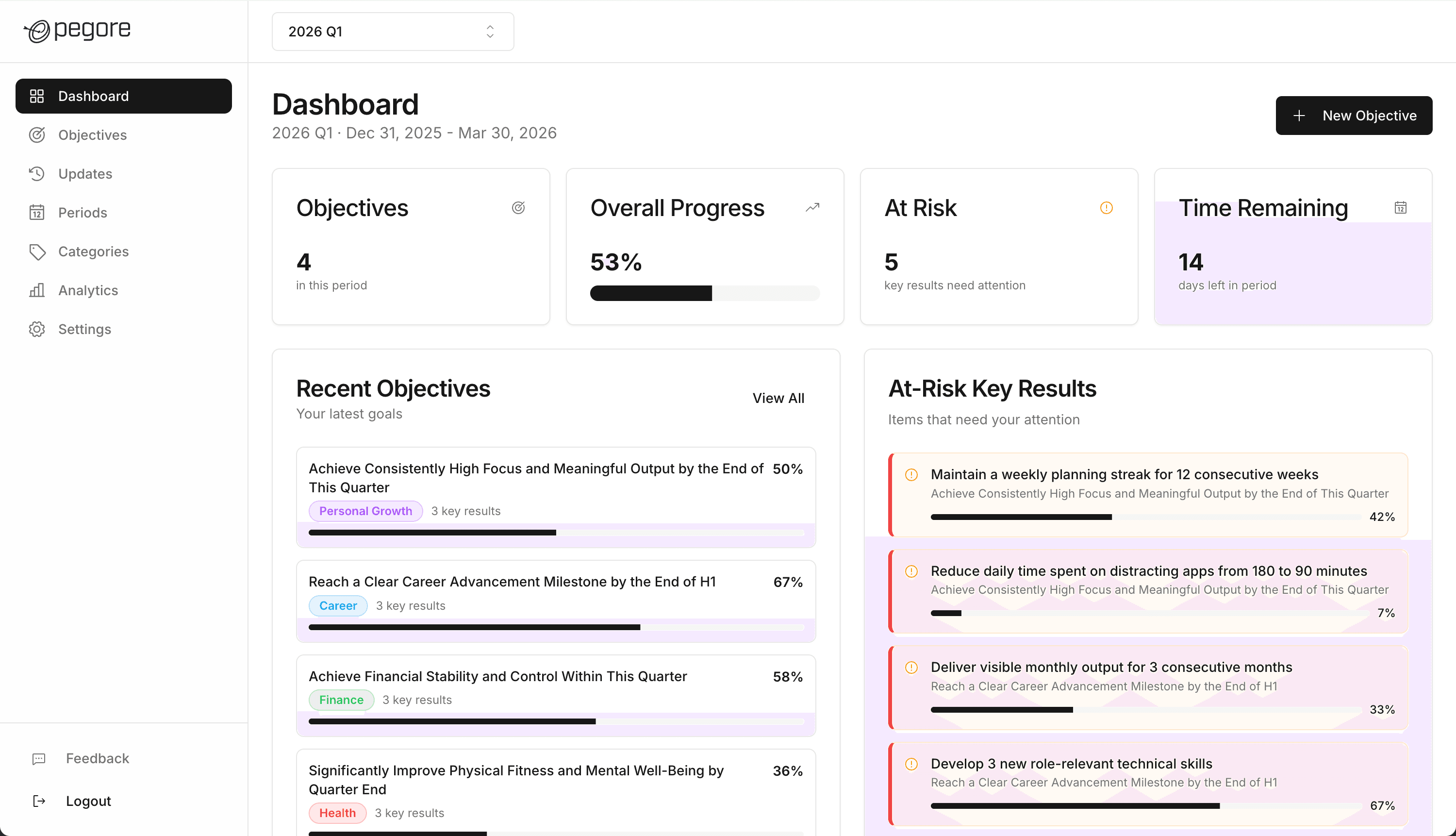 Dashboard overview showing OKR progress